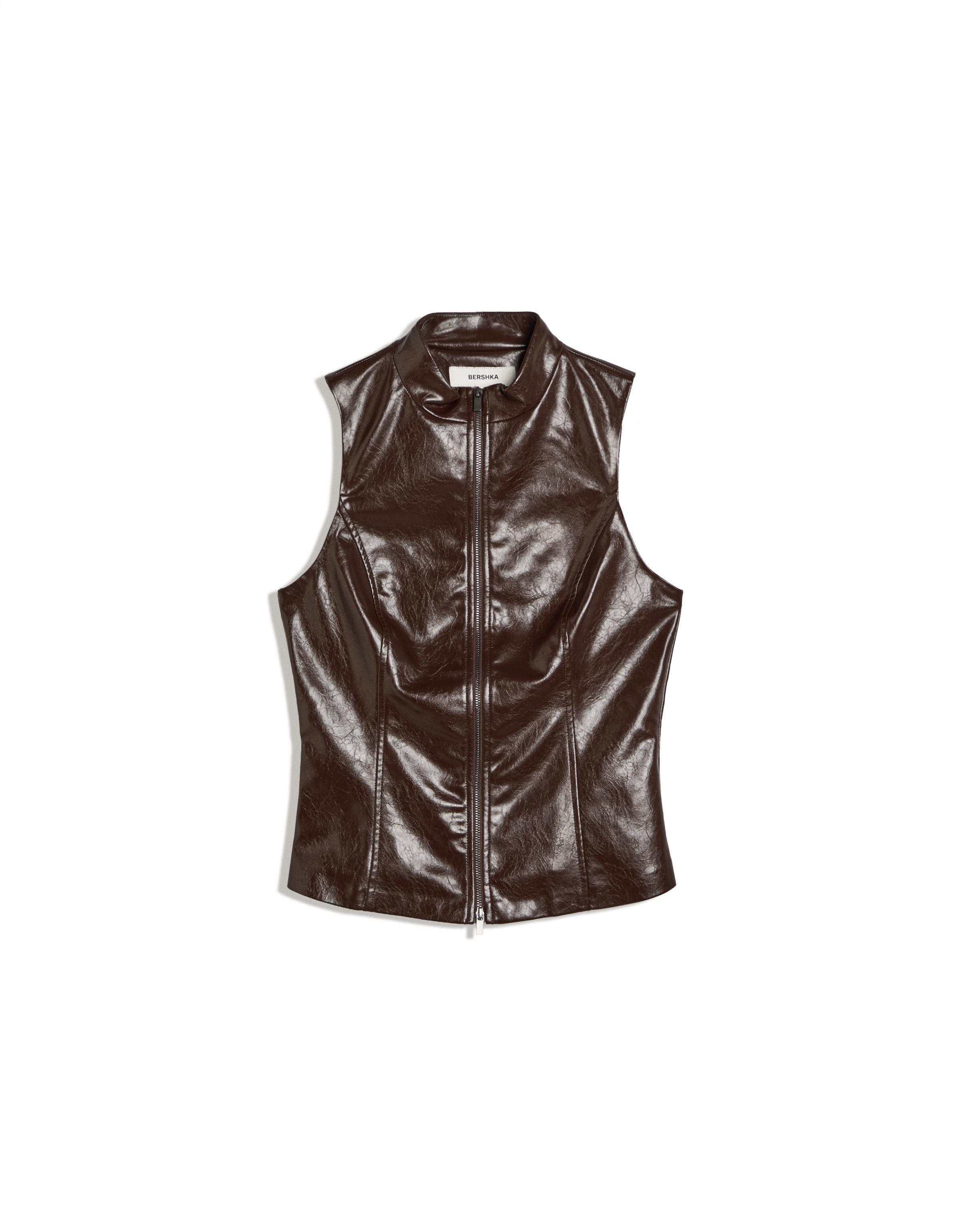 Leather-effect sleeveless high-neck top — Brown