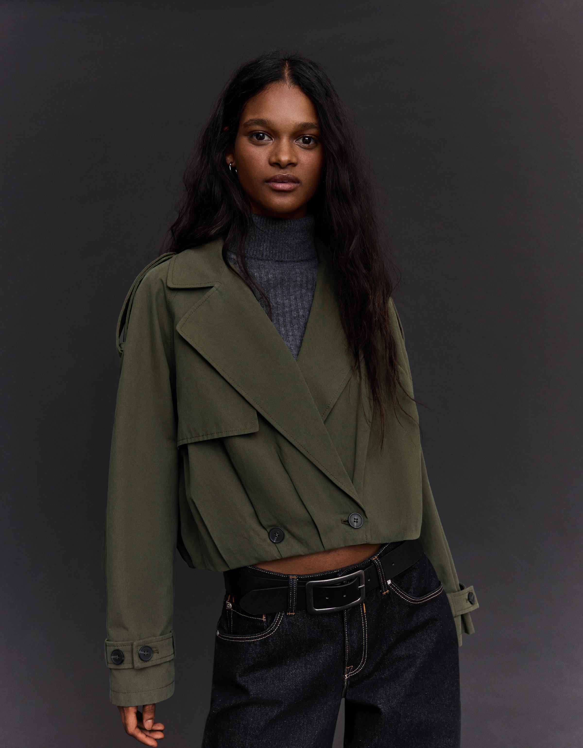 Bershka Kurzer Trenchcoat Mit Puffärmeln Damen Xs Khaki