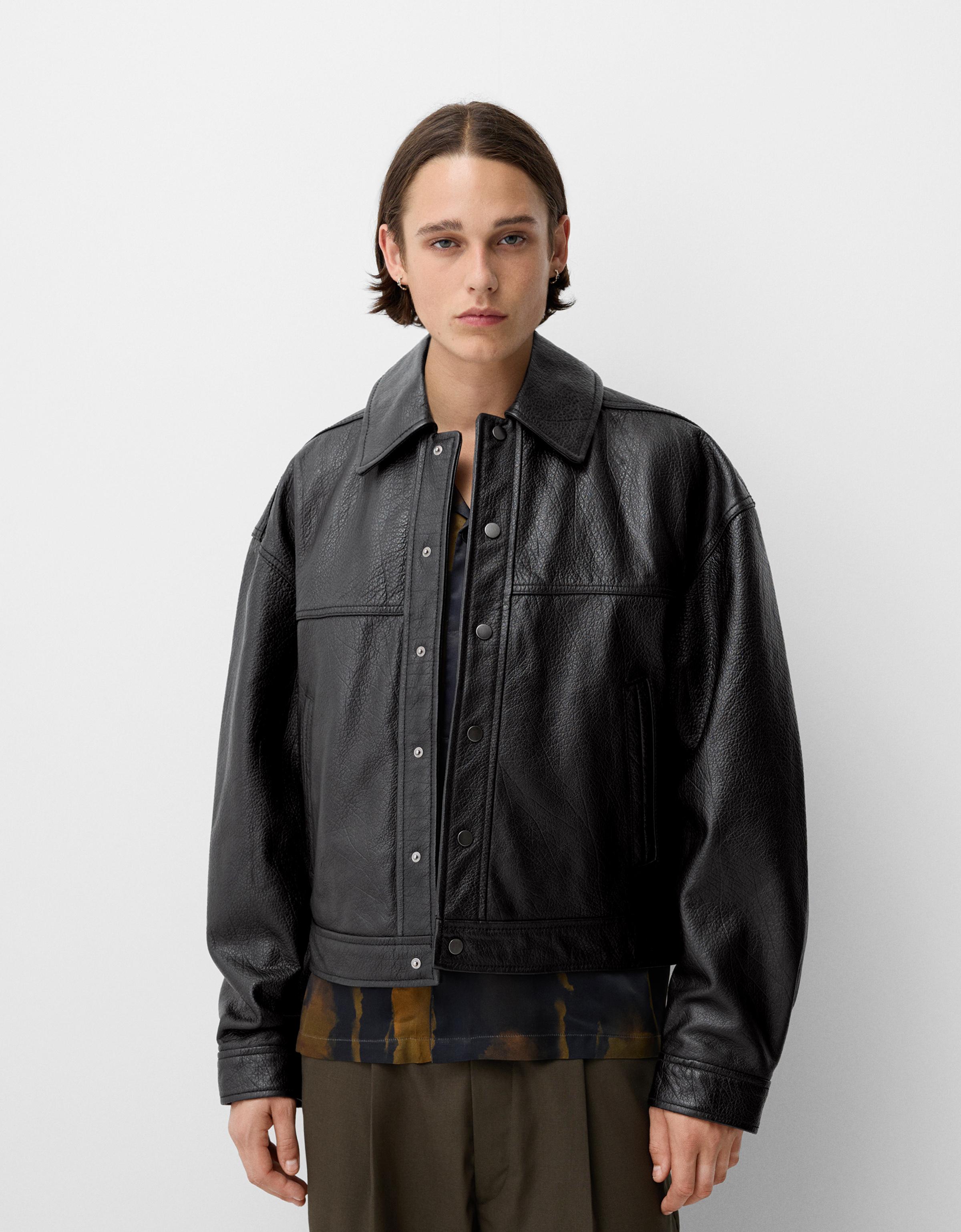 Bershka Truckerjacke Aus Leder Herren L Schwarz