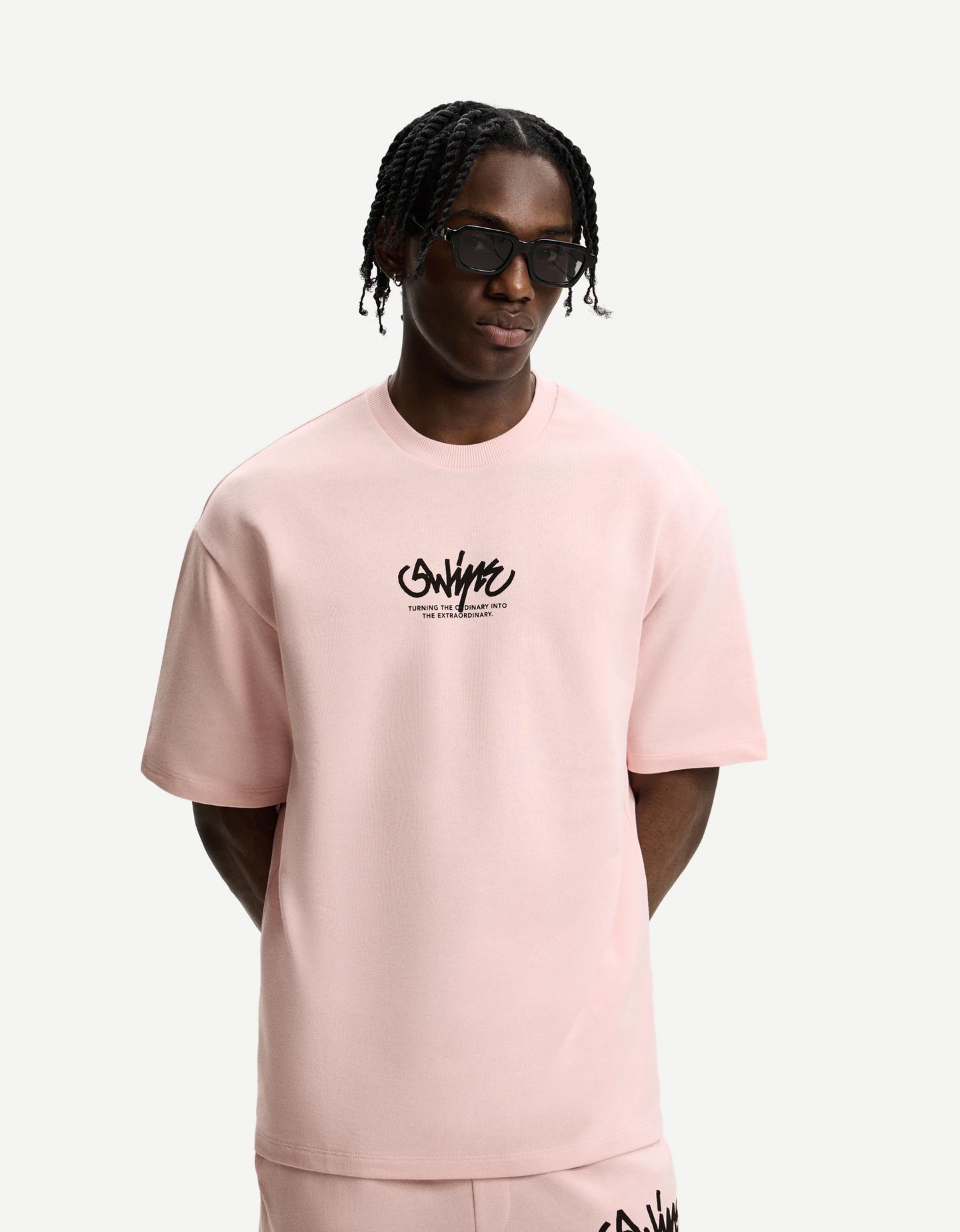 Bershka wzorzysta koszulka pluszowa z krótkim rękawem różowy