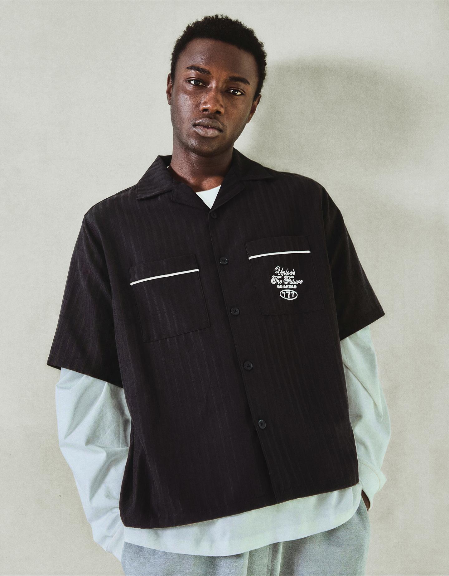 Bershka Camicia A Maniche Corte Boxy Fit Ricamata Uomo M Nero