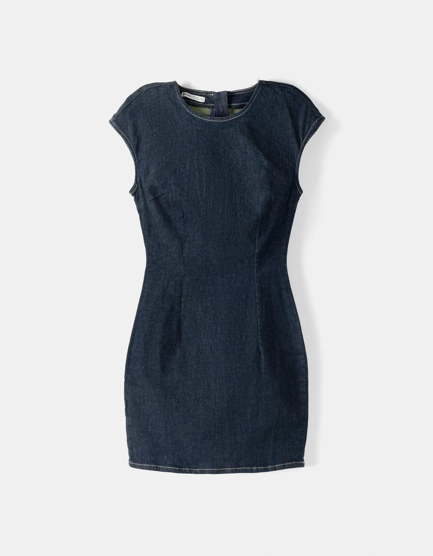 Short sleeve denim mini dress-Blue-5