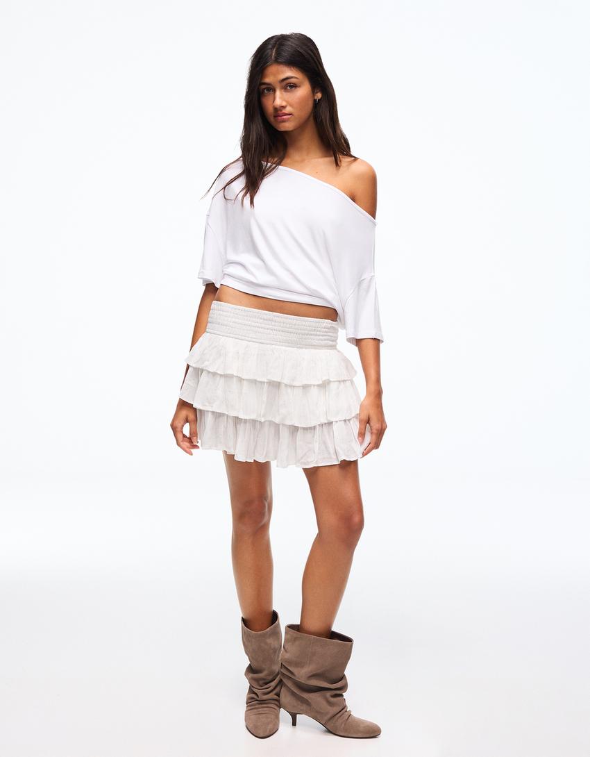 Ruffled metallic thread mini skirt-White