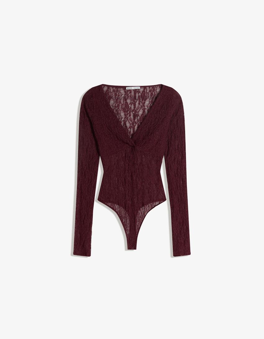 Uzun kollu dantel body-Bordo
