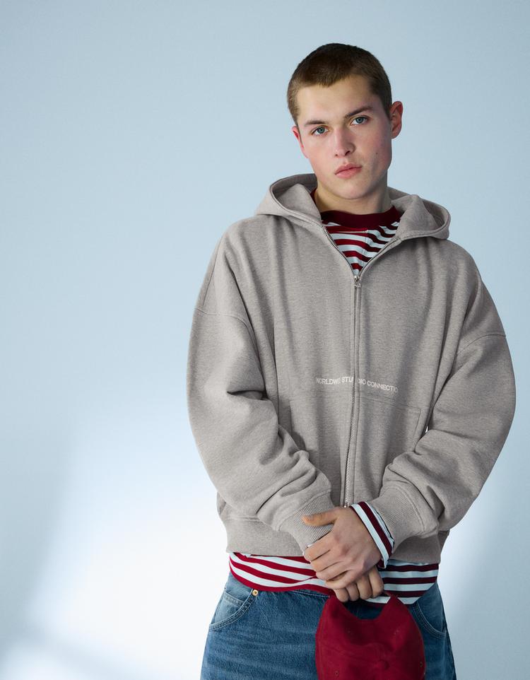 Fermuarlı boxy fit crop baskılı sweatshirt