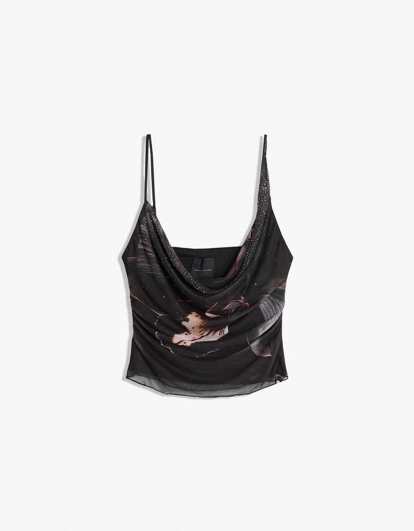 Top tirants tul drapat estampat estràs-Multicolor