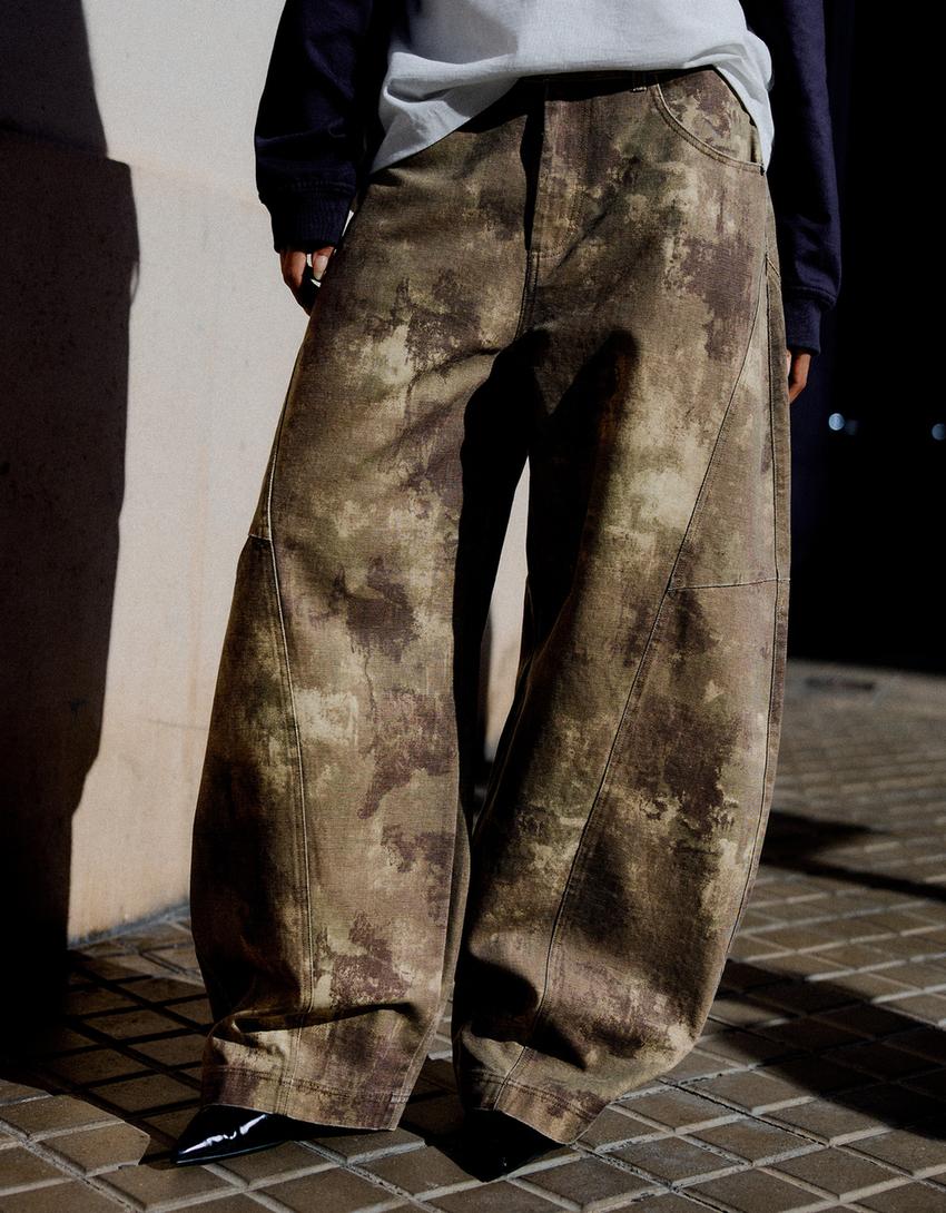 Desenli barrel fit pantolon-Çok renkli