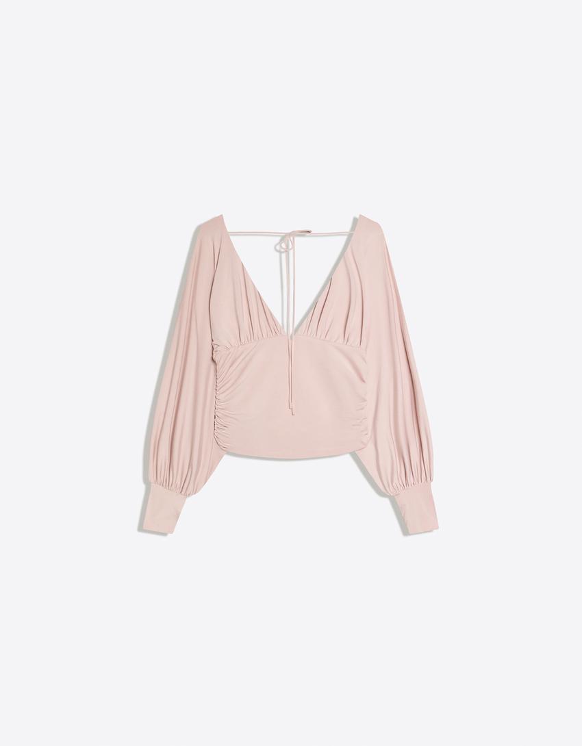 Top à manches longues froncé-Gris