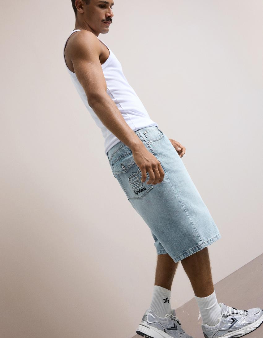 Bermuda denim brodé-Bleu clair