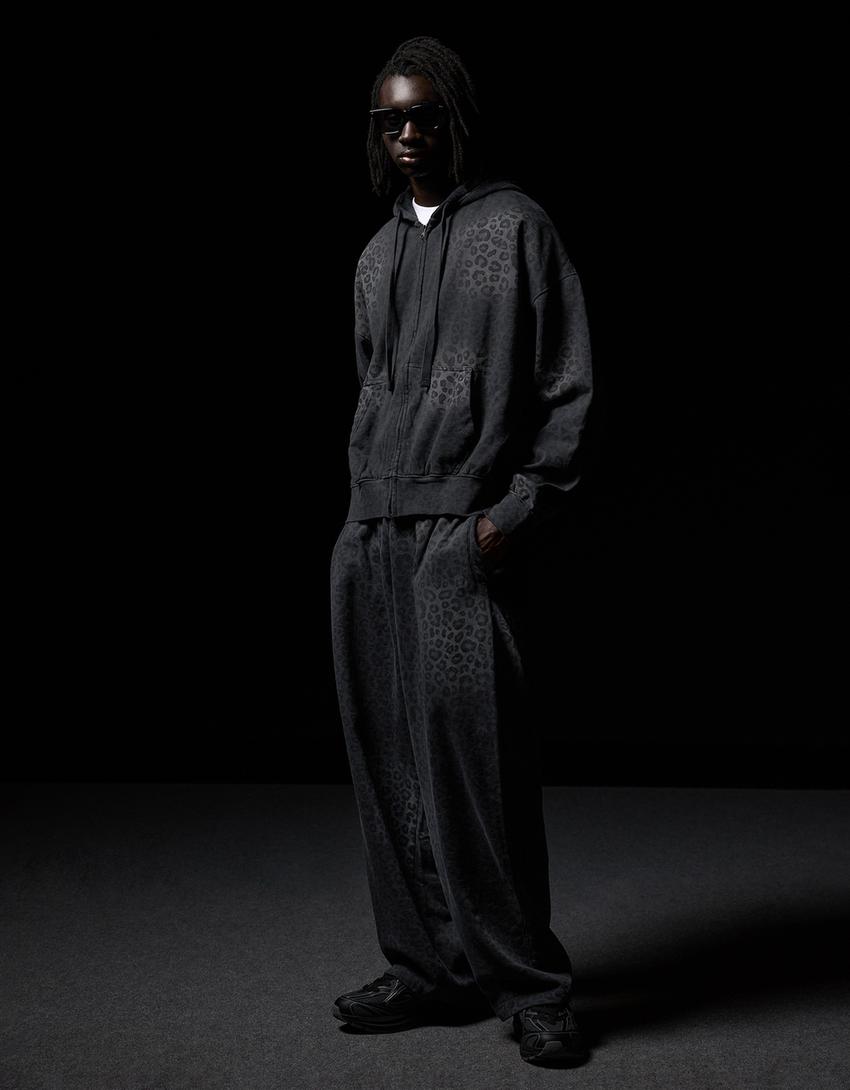 Zip-up print hoodie-Grey