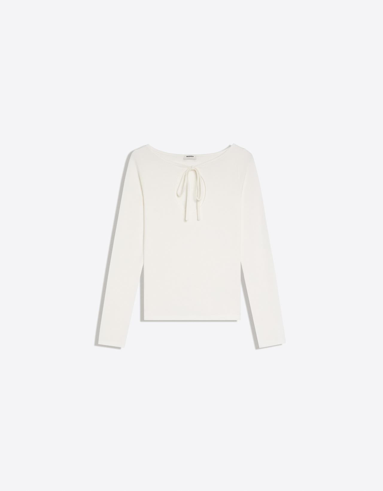 Long sleeve T-shirt with tie-fastening neckline — Off white
