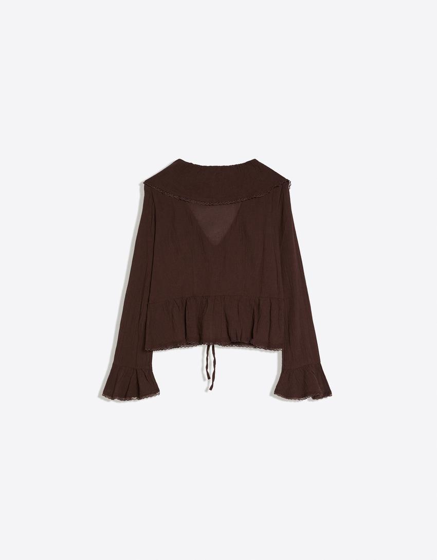 Blouse manches longues rustique à volants-Marron