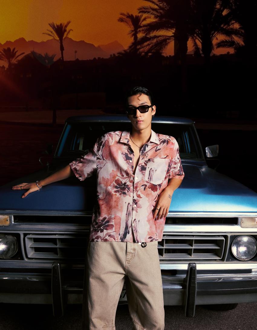 Chemise manches courtes imprimée-Rose