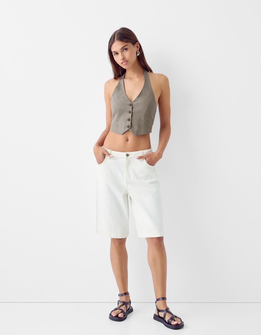 Gilet sans manches lin encolure américaine-Kaki-3