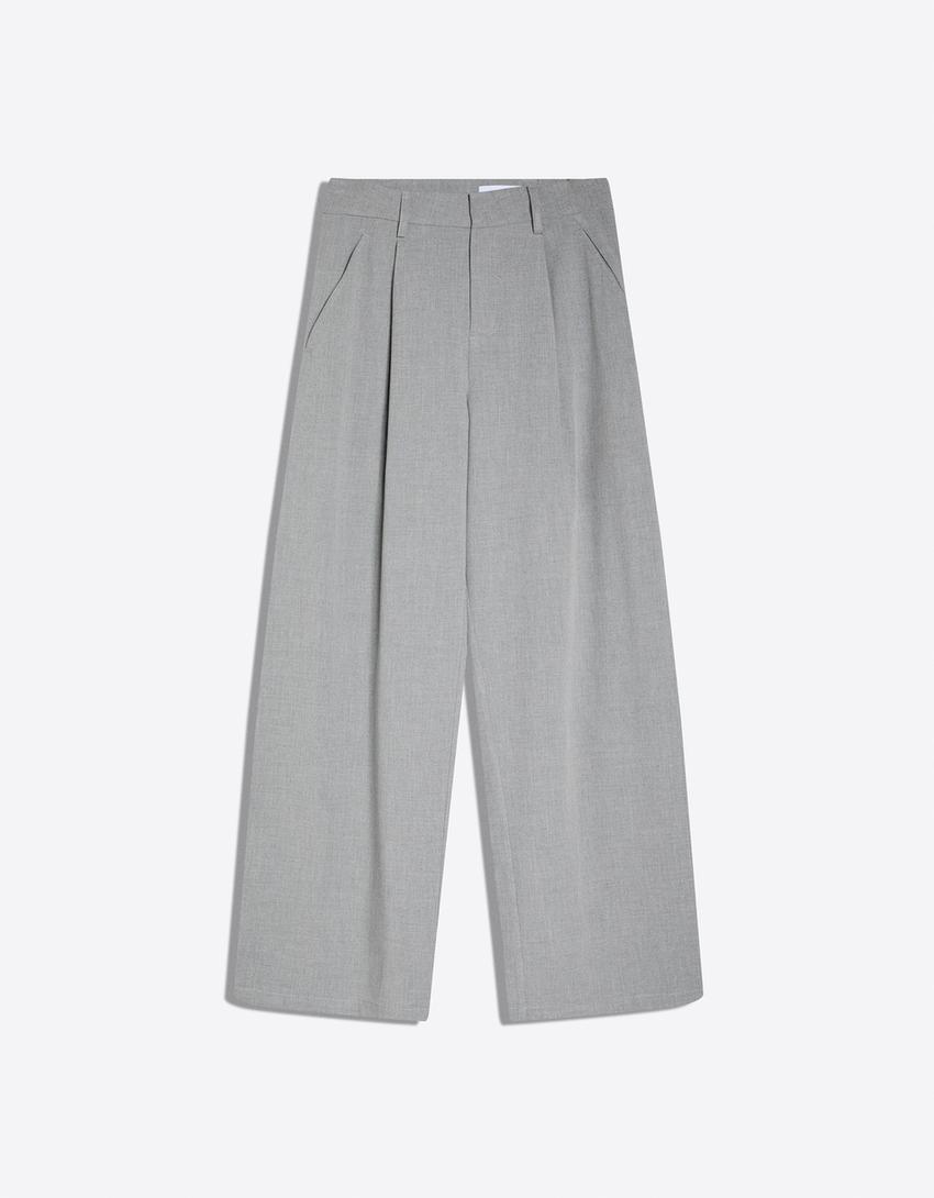 Pantalons volum doble tela-Gris
