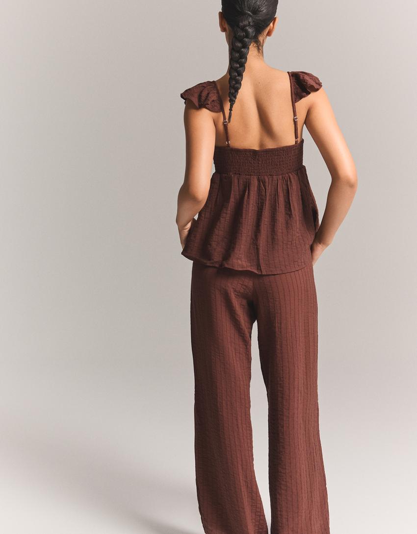 Shirred strap top-Brown