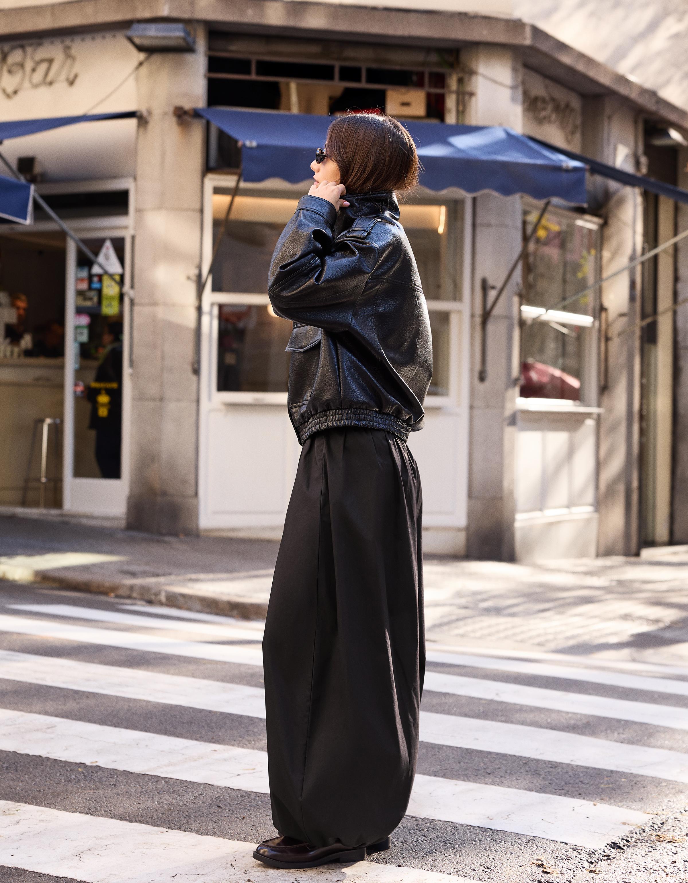 Leather effect funnel neck jacket — Black