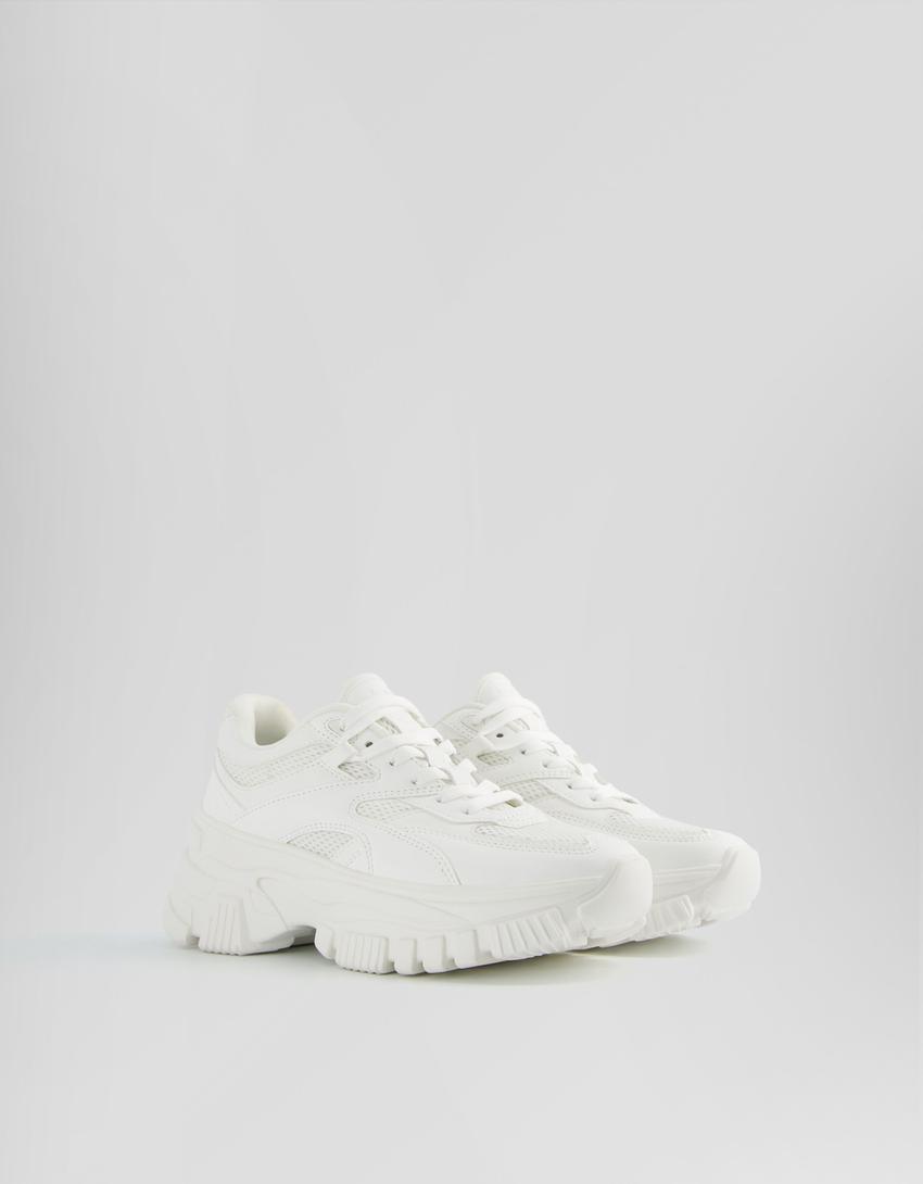 Chunky trainers with contrast mesh detail-WHITE