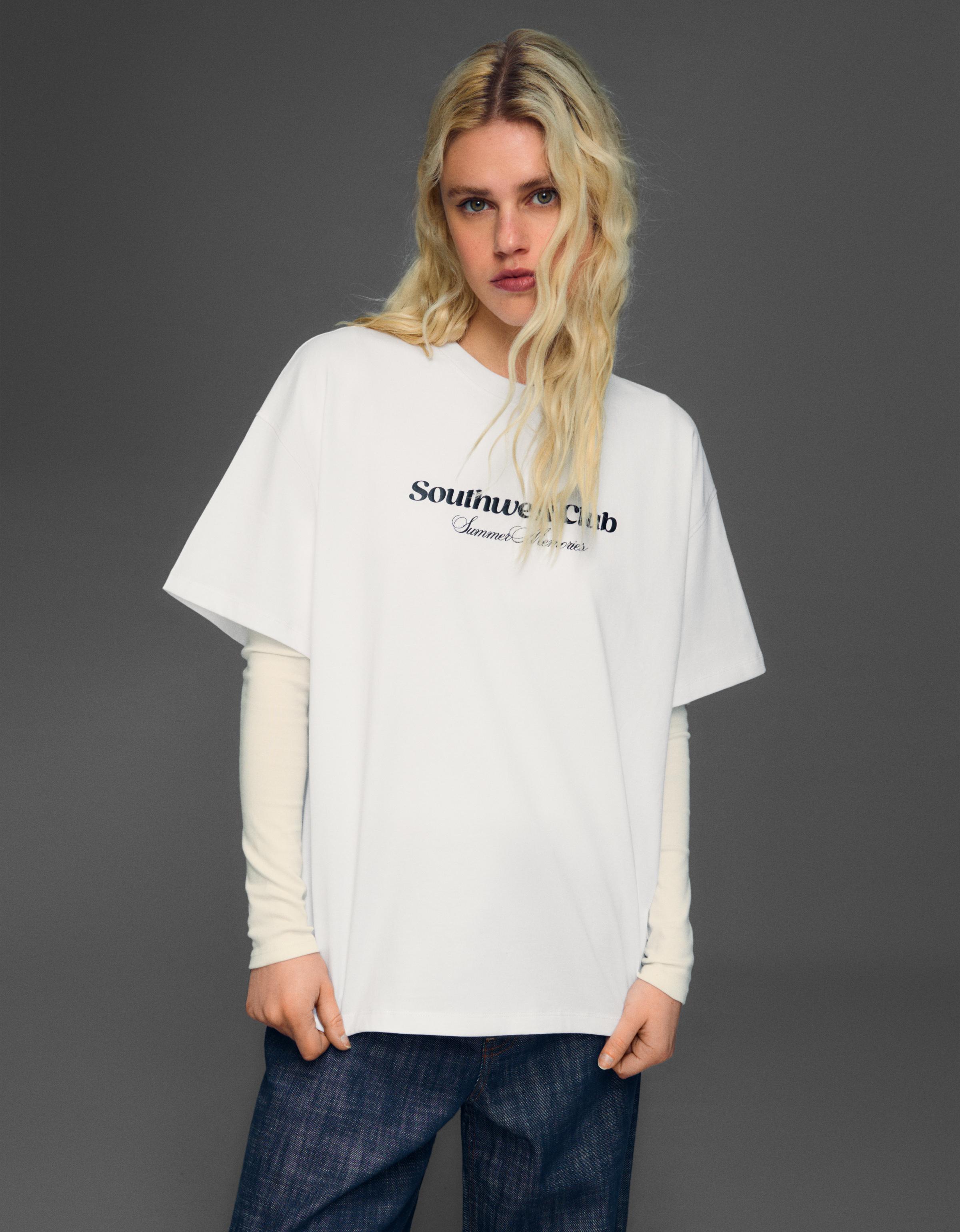 Bershka T-Shirt Mit Kurzen Ärmeln Und Print Damen Xxs Grbrochenes Weiss