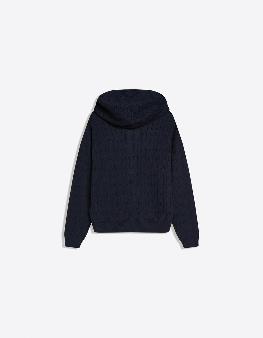 Cable knit zip-up cardigan-Navy