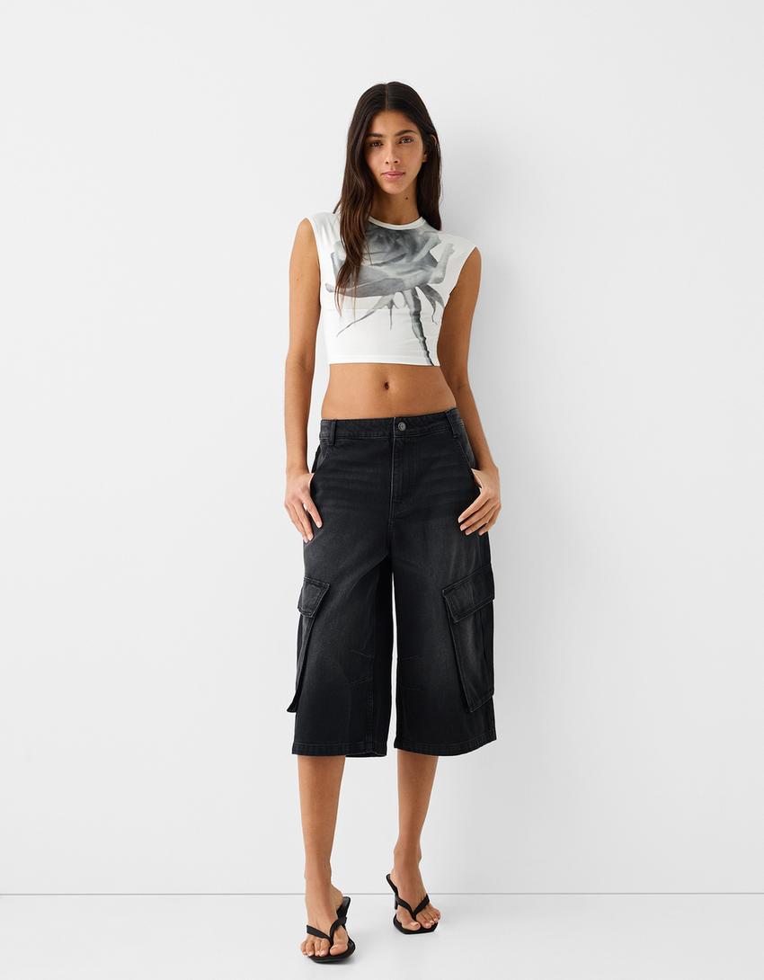 T-shirt cropped manches courtes imprimé-Blanc cassé-3