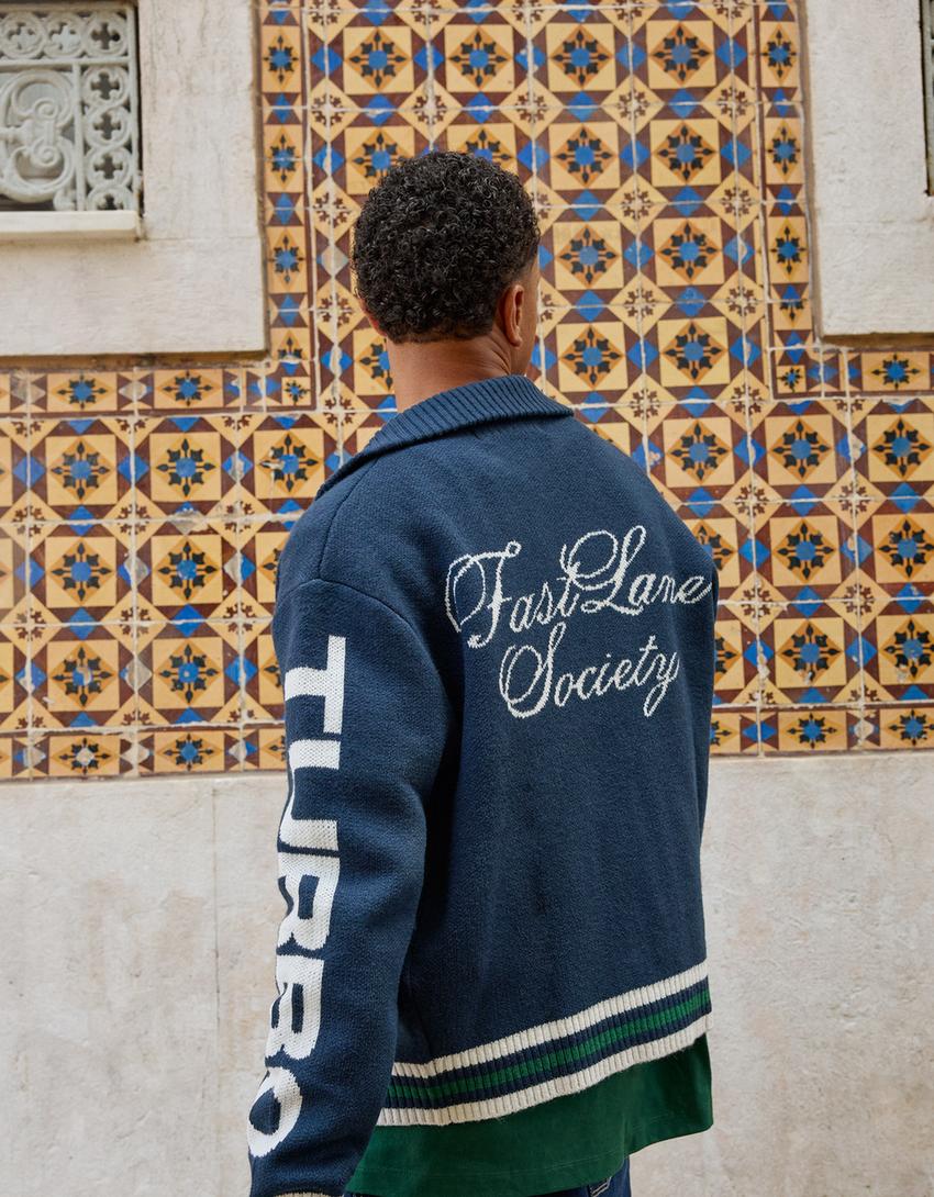 Embroidered zip-up jacket-Blue-1