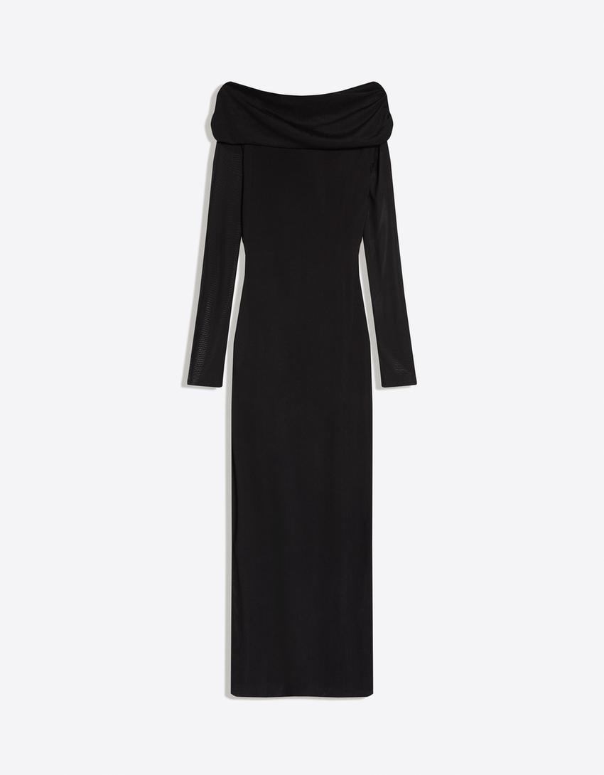 Robe midi manches longues bardot tulle imprimé-Noir