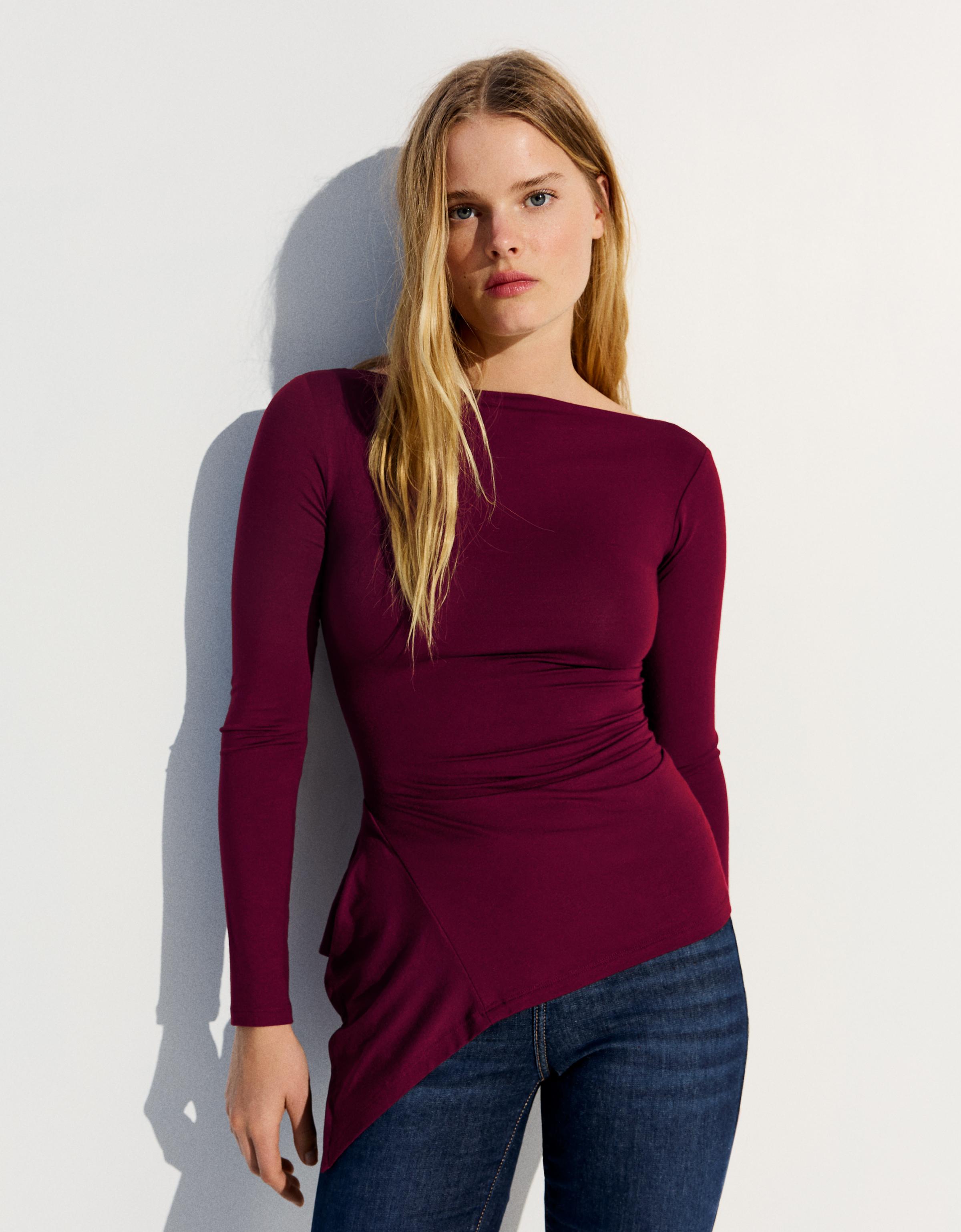 Bershka Camiseta Manga Larga Asimétrica Fruncido Mujer Burdeos
