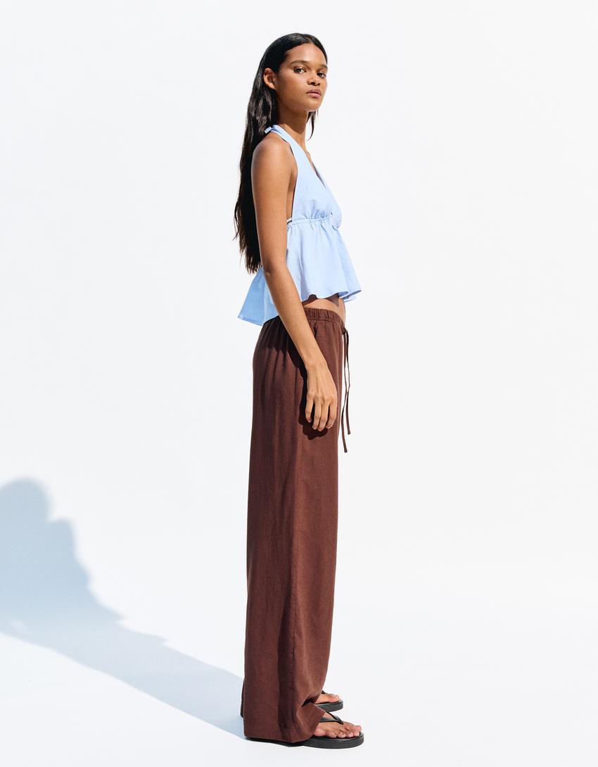 Linen blend trousers with an elasticated waistband-Brown