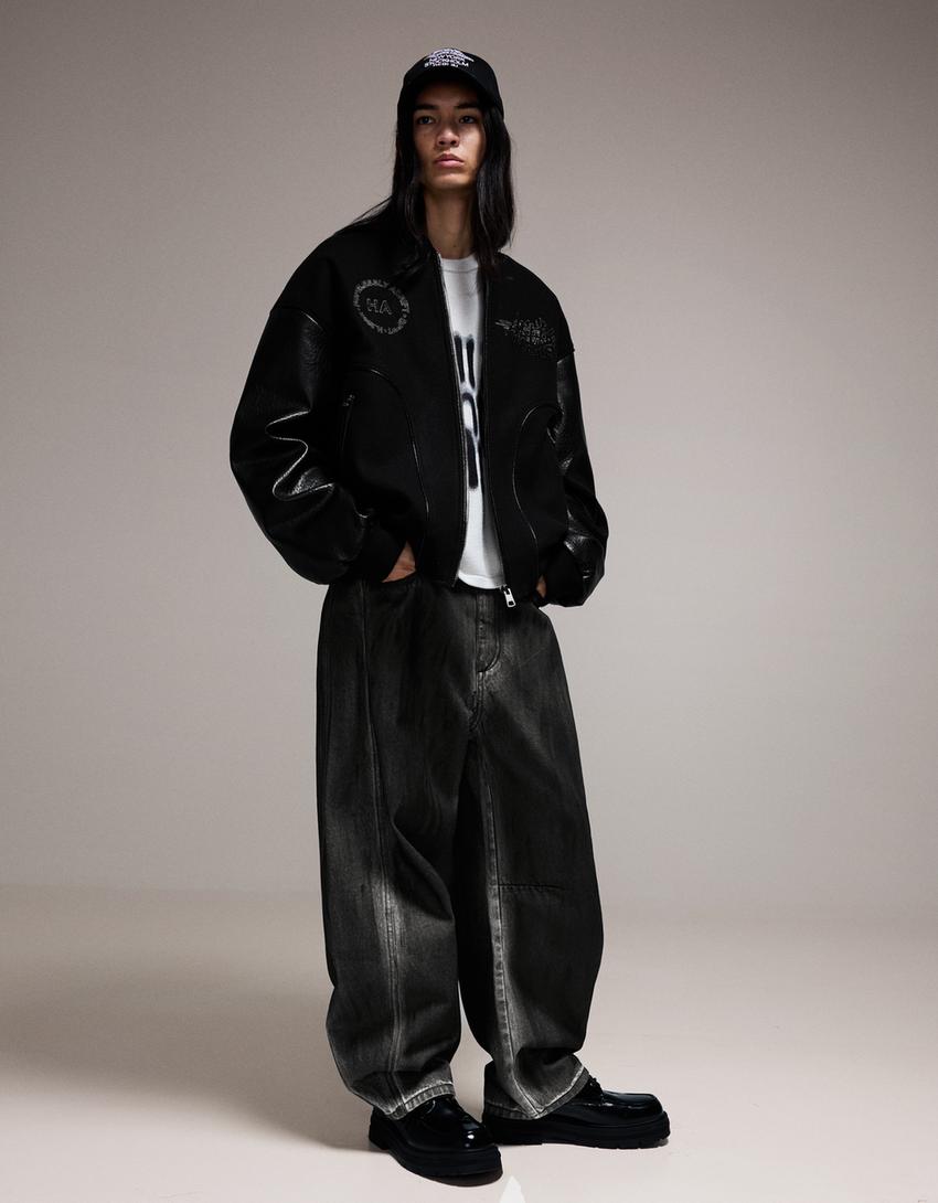 Jacke aus Tuch mit Ärmeln in Kunstlederoptik-Schwarz