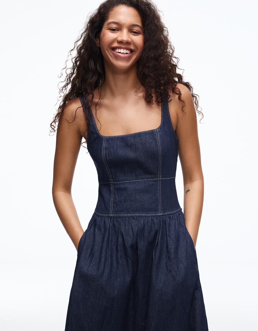 Maxi denim strappy dress-Navy