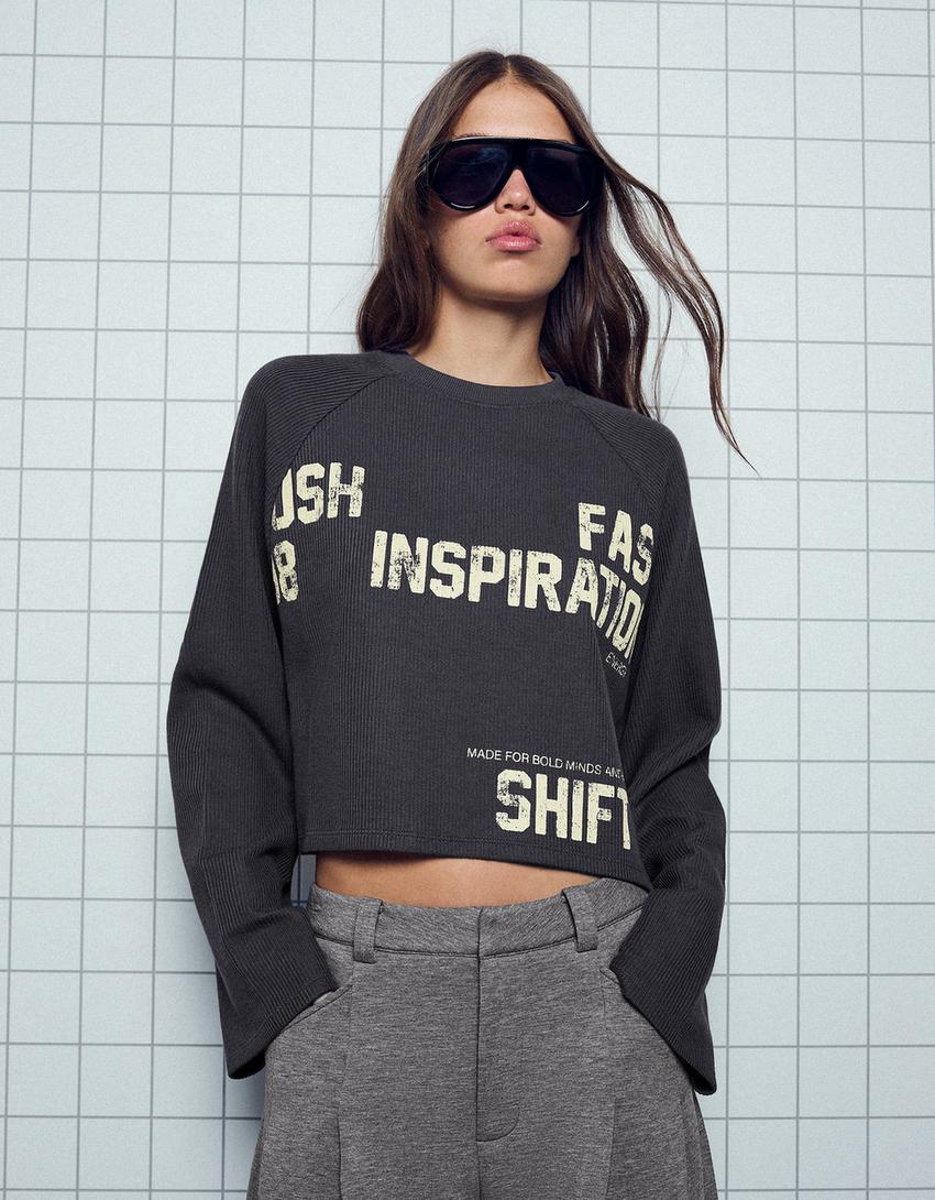 Bisiklet yaka baskılı sweatshirt-Gri