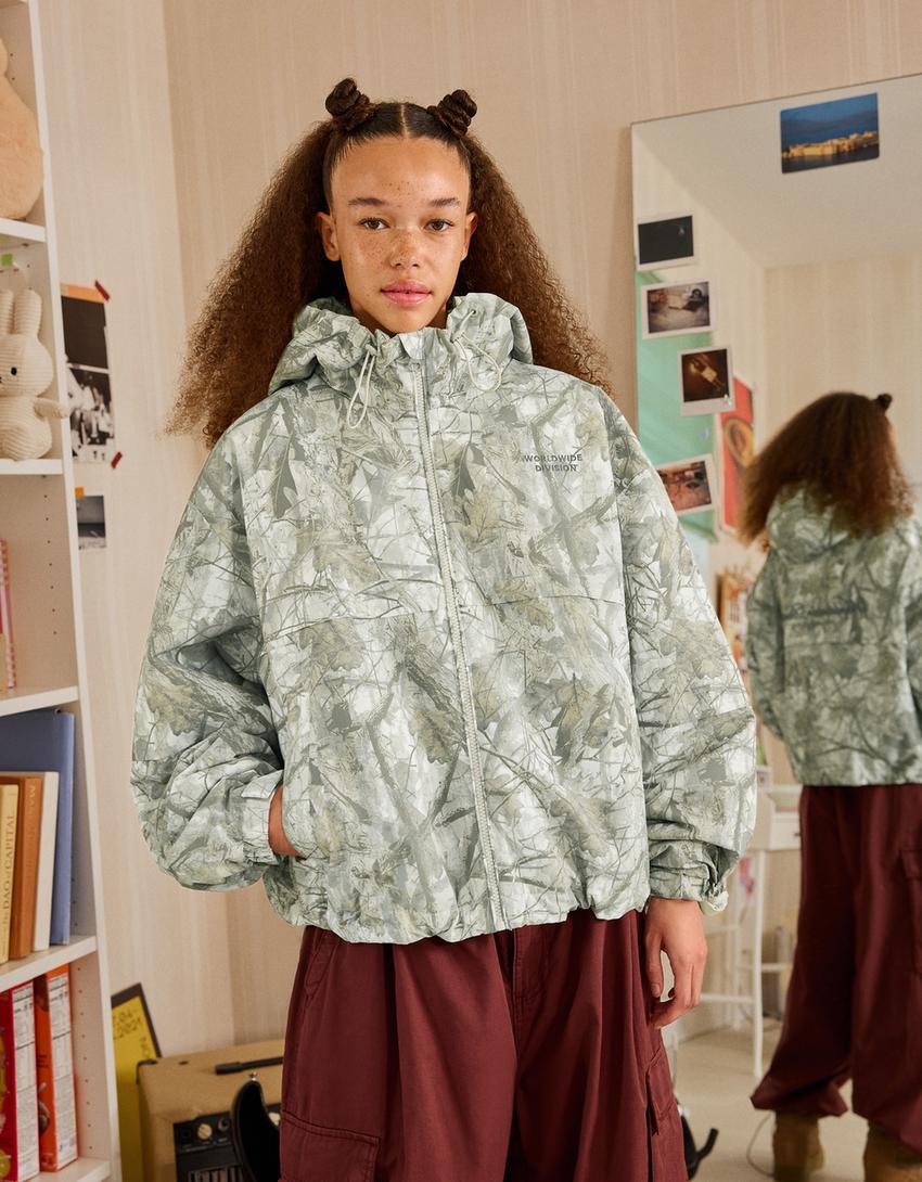 Blouson bouffant à capuche imprimé-Gris