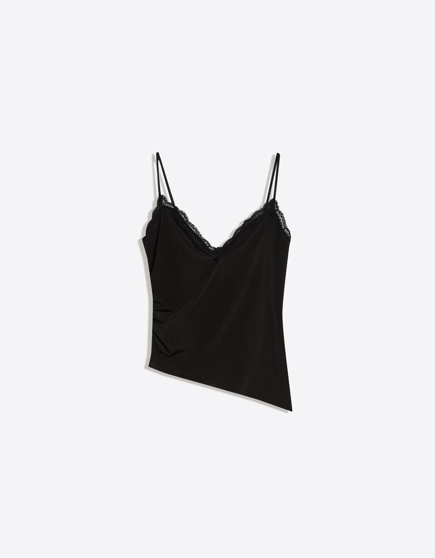 Lace trim strappy top-Black