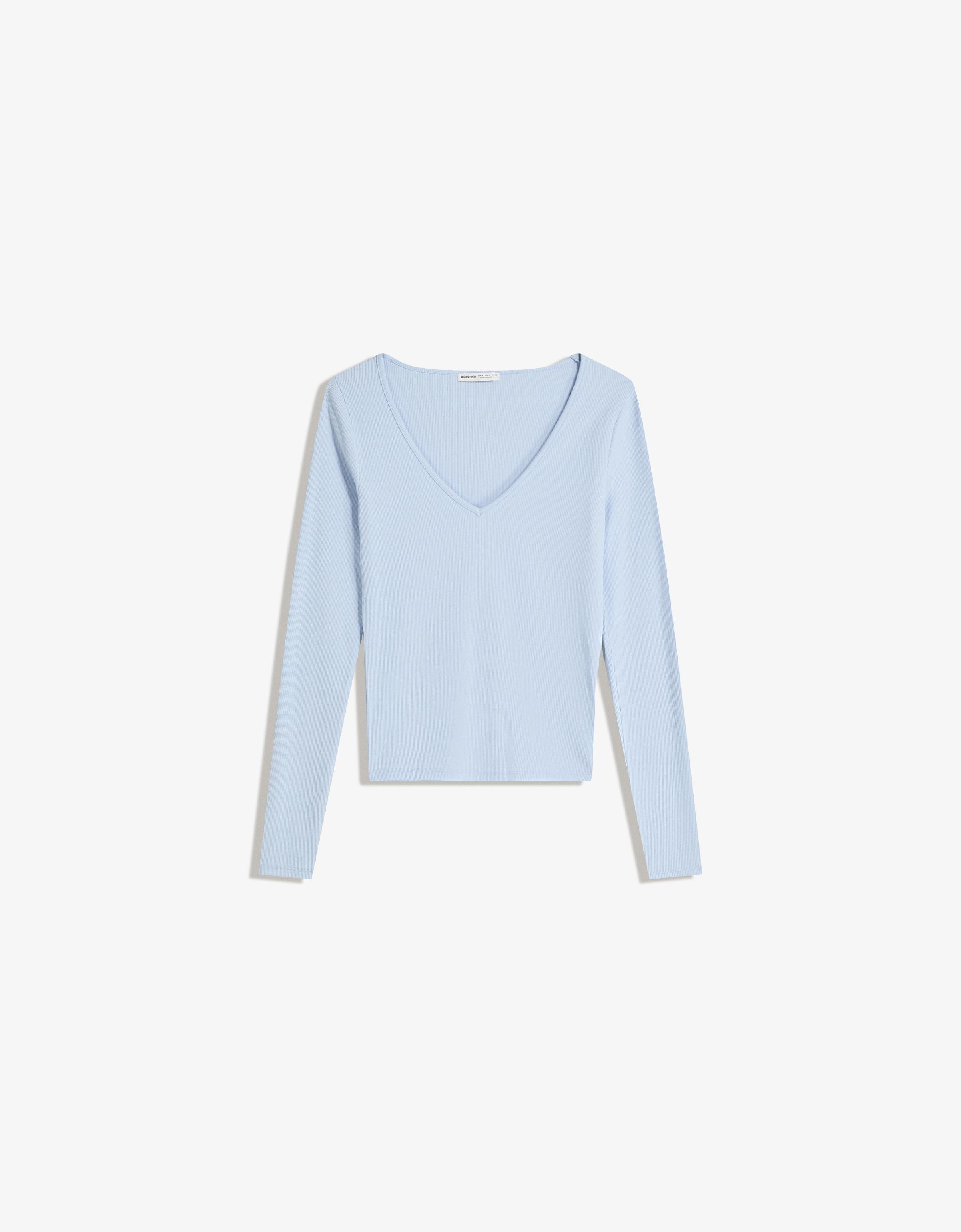 Bershka Camiseta Manga Larga Cuello Pico Mujer L Azul Claro