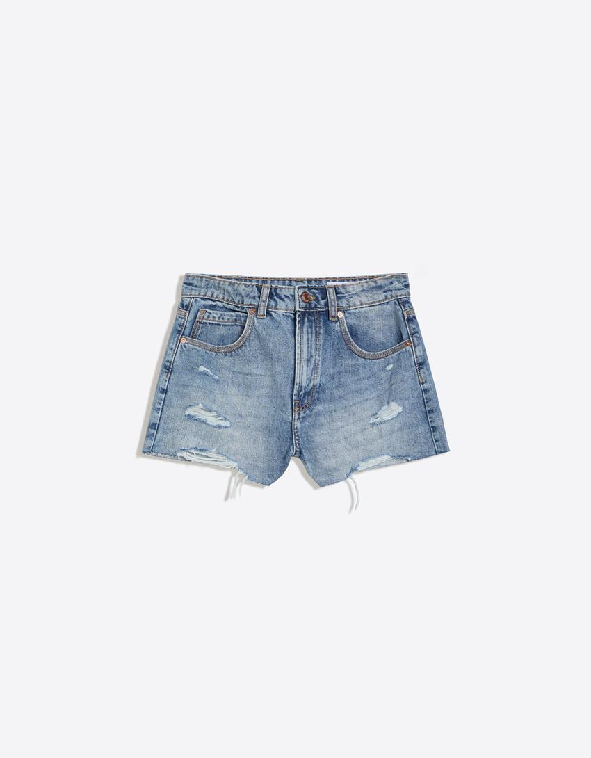 Short denim déchiré-Bleu