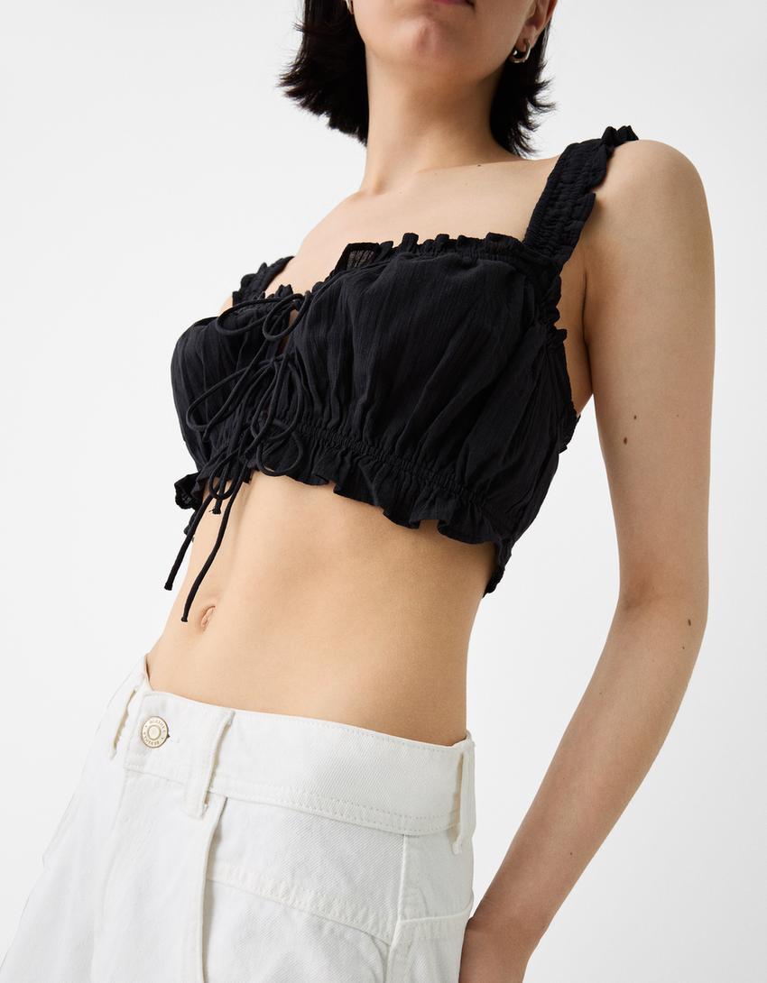 Textured striped top with tie detail-Black-5