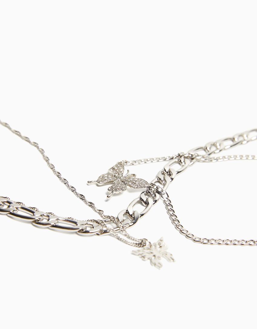 3-pack of chain rhinestone butterfly necklaces-Silver