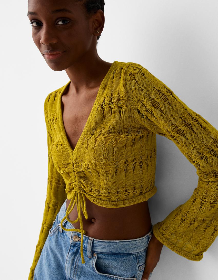 سويتر ريفي بفتحة صدر شكل V وزمة أمامية-أخضر-2