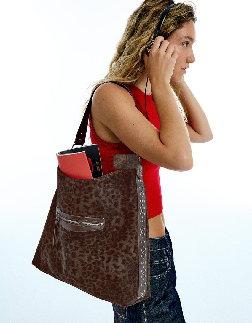 Tote Bag mit Animalprint in Wildlederoptik-Braun