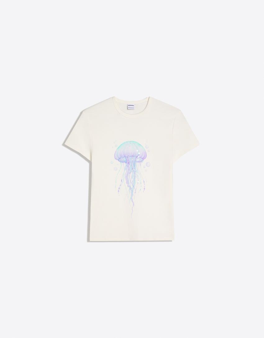 Short sleeve sequinned print T-shirt-Cream