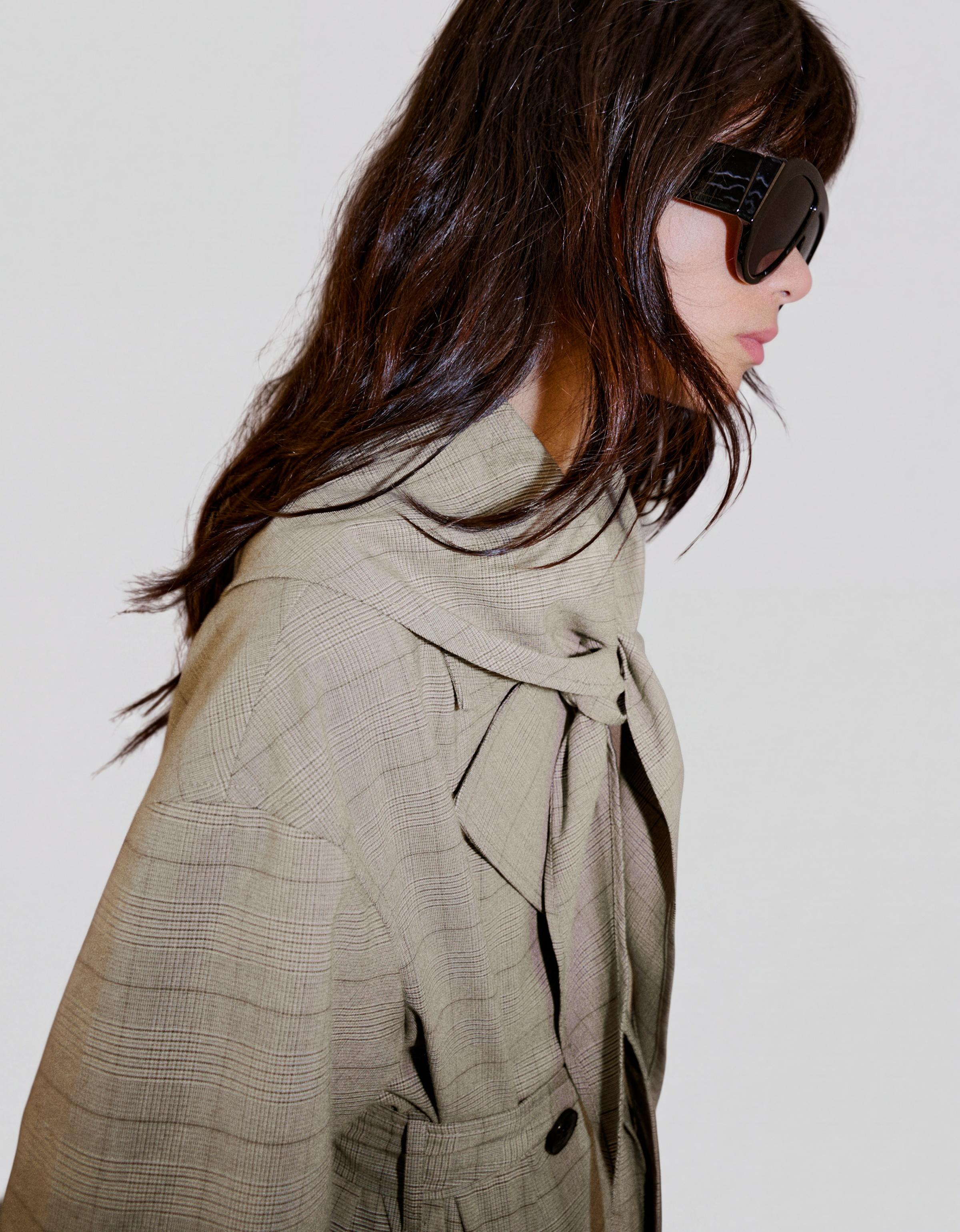 Long check scarf trench coat — Dark grey