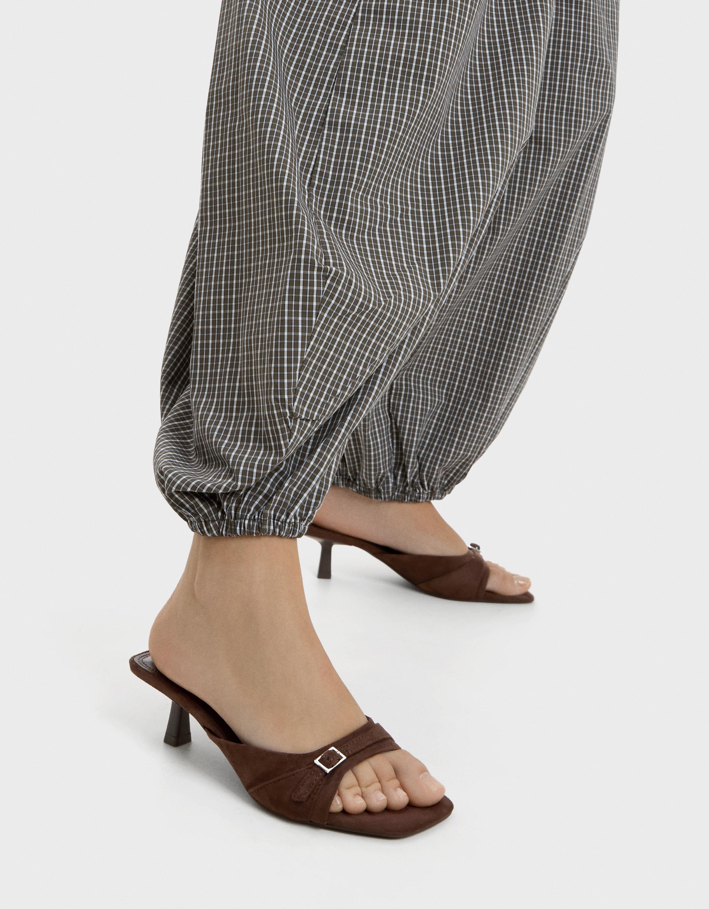 BUCKLED MULE SANDALS — Brown