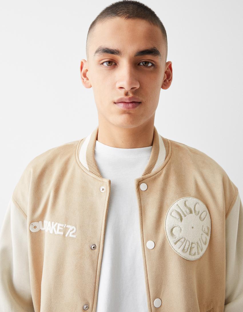 Faux suede embroidered bomber jacket-Camel