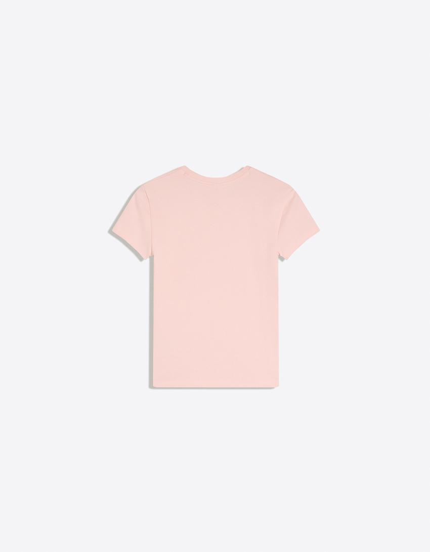 Short sleeve print and bead T-shirt-Pink