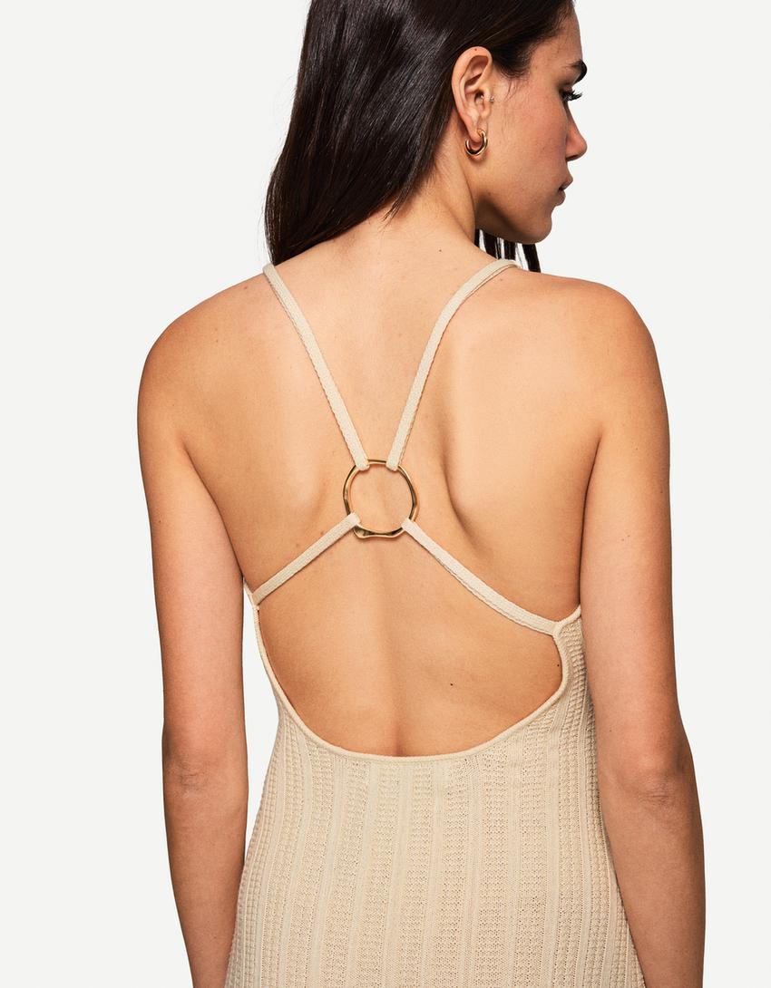 Strappy midi dress with ring detail-Cream