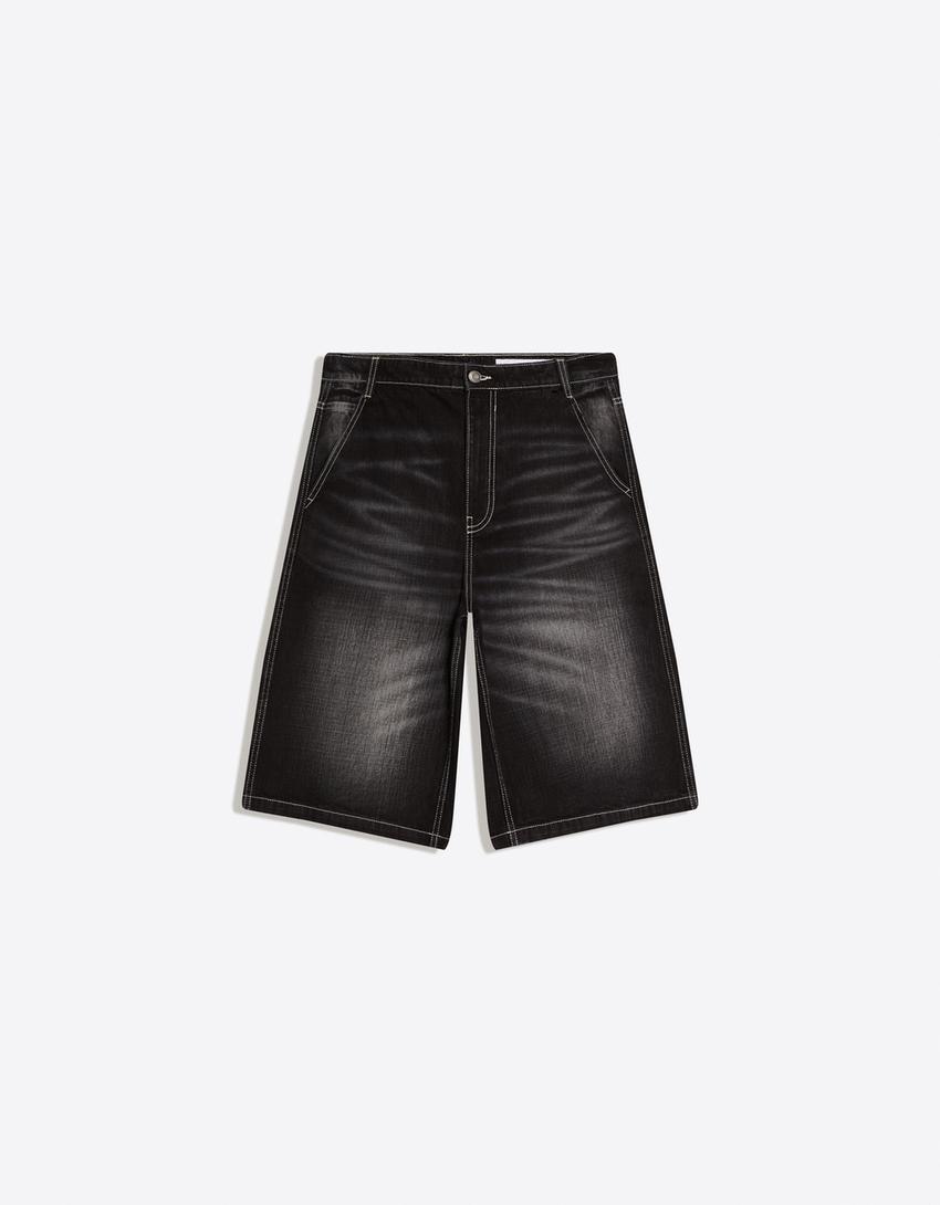 Calções bermuda denim Skater-Preto
