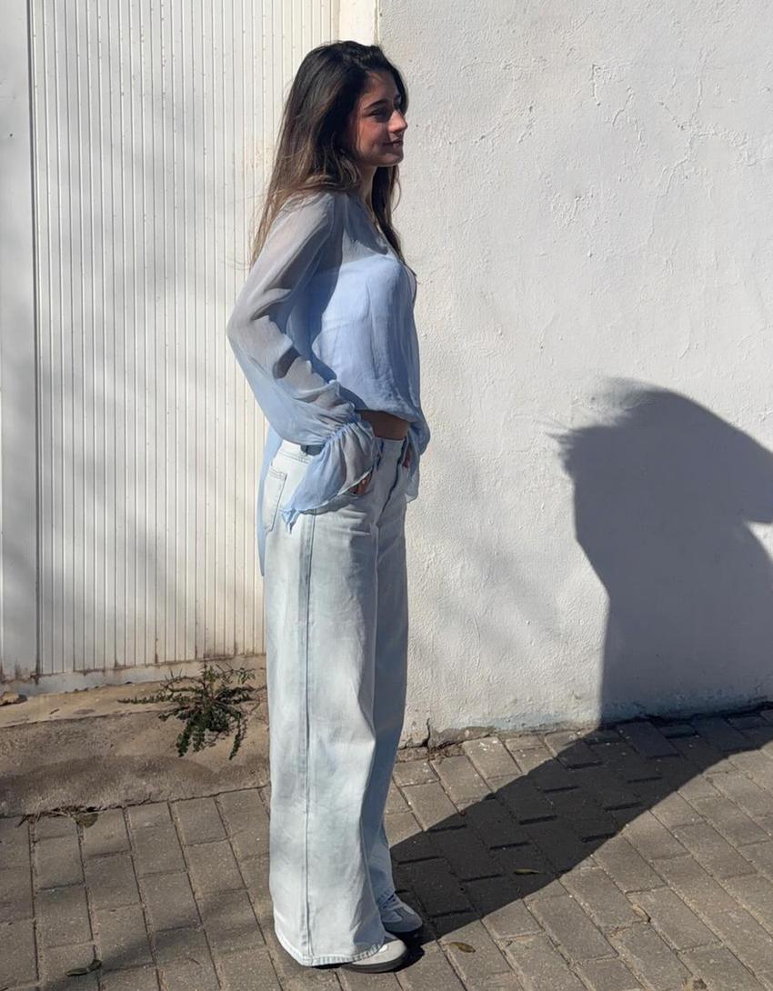 Jeans baggy taille moyenne-Bleu lavé