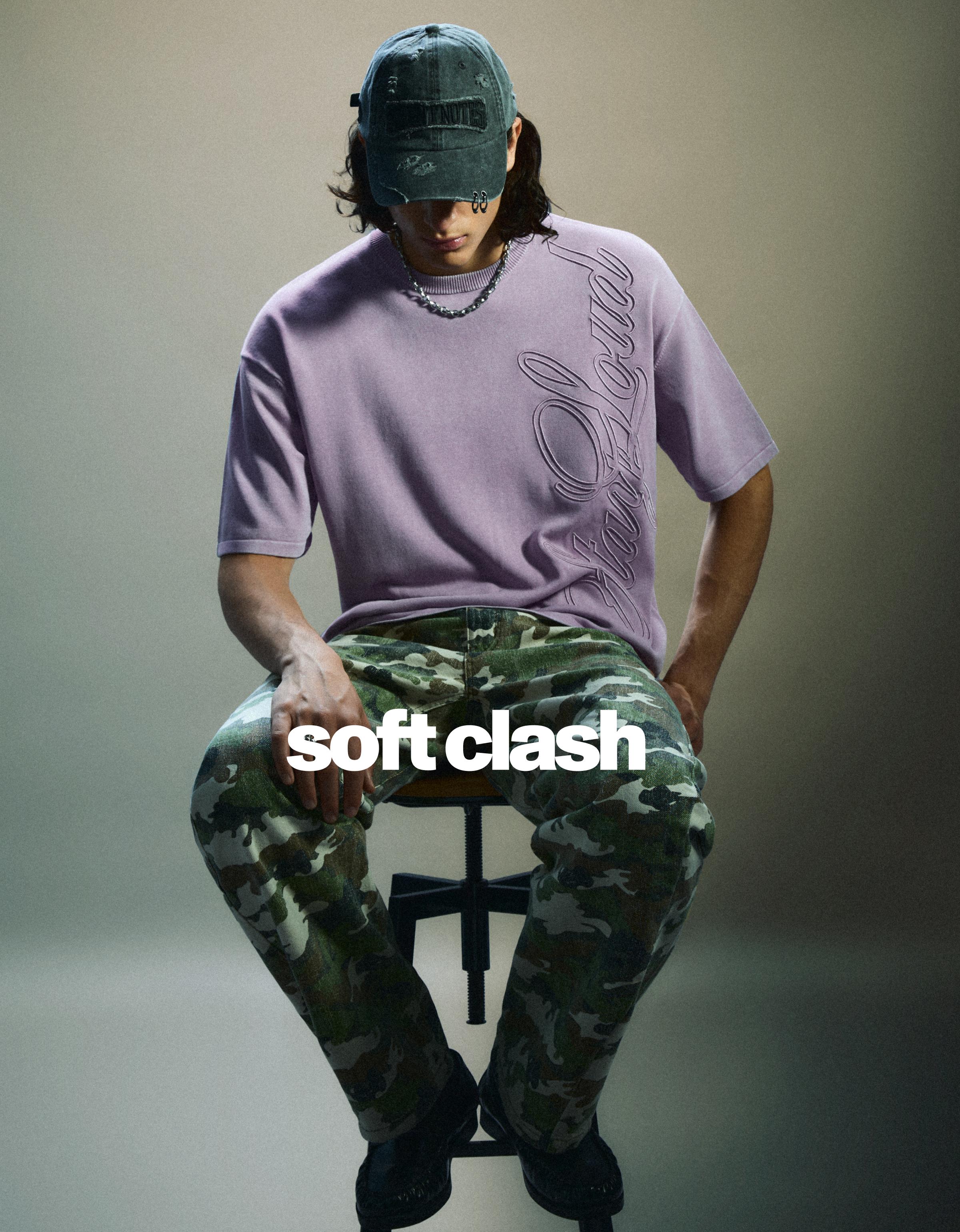 Short sleeve washed effect embroidered T-shirt — Violet