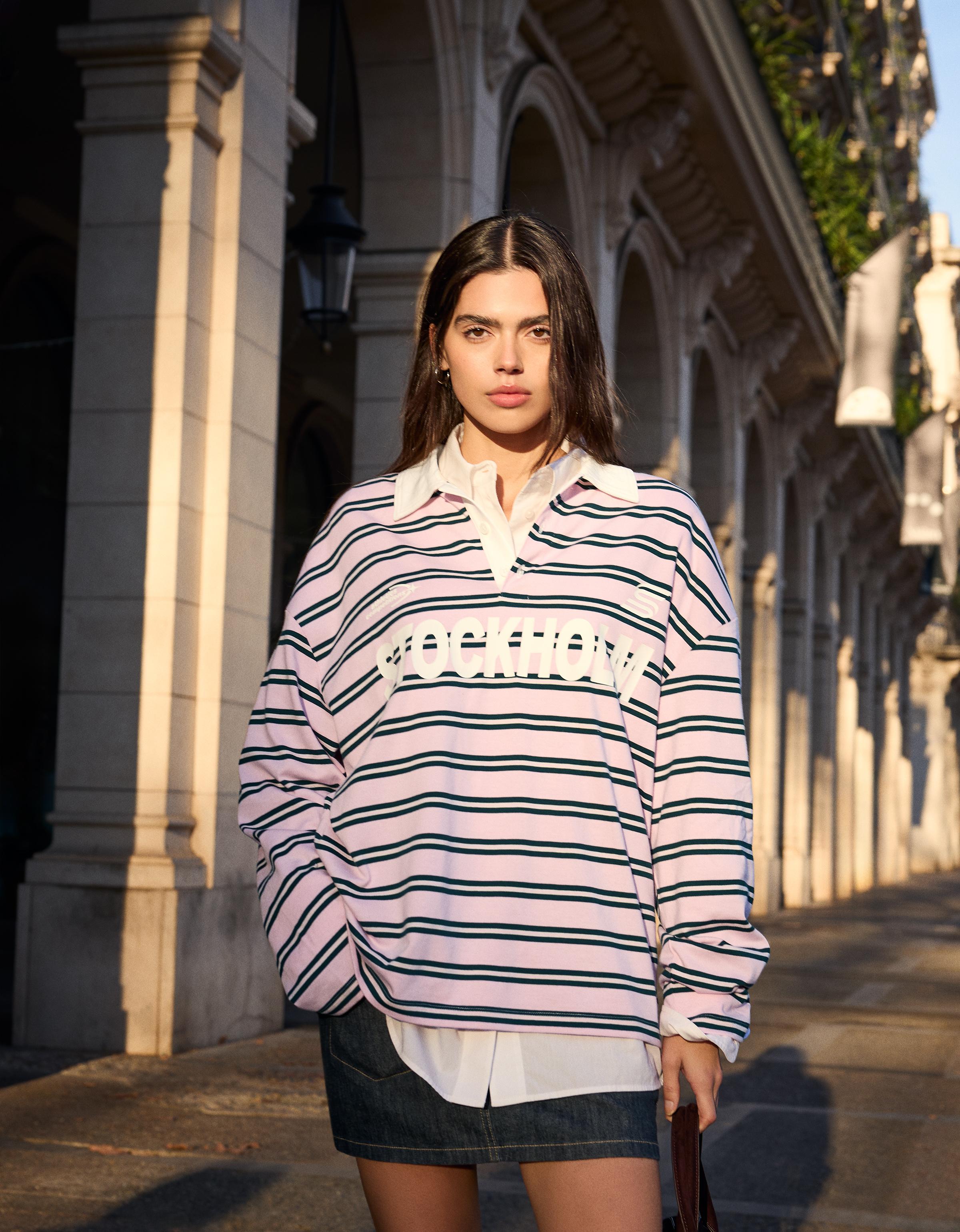 Bershka Langarmshirt Mit Polo-Kragen Und Print Damen L Rosa